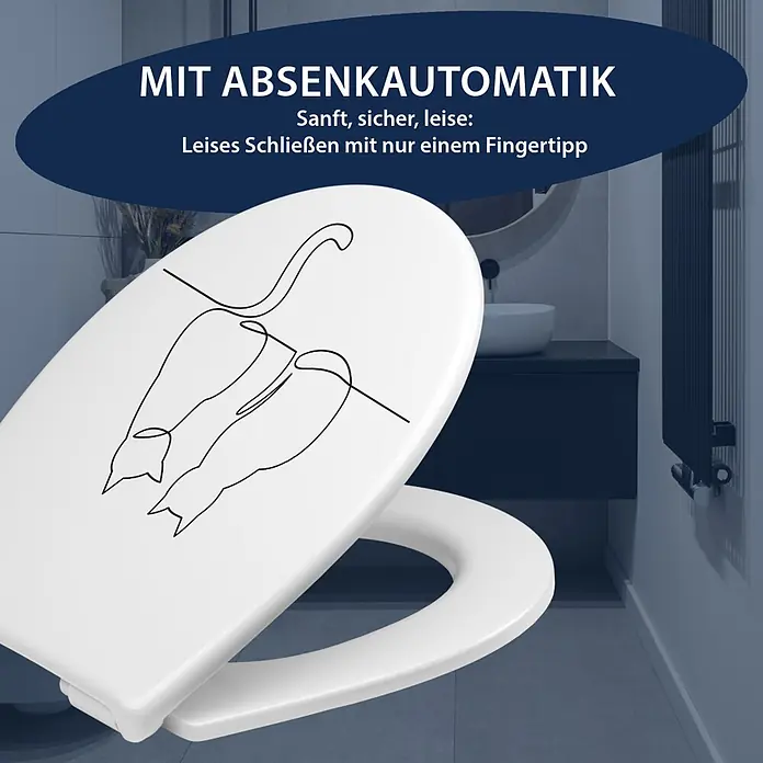 Poseidon WC-Sitz Cats - Duroplast, Weiß/Schwarz, Mit Absenkautomatik - Weißer Toilettensitz mit Katzen-Liniendesign und Absenkautomatik in einem modernen Badezimmer.