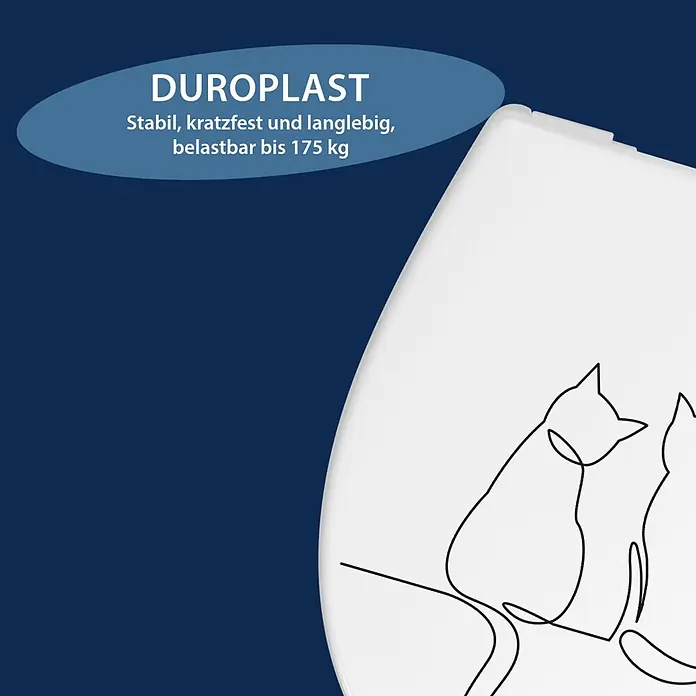 Poseidon WC-Sitz Cats - Duroplast, Weiß/Schwarz, Mit Absenkautomatik - Weißer Duroplast WC-Sitz mit Katzen-Strichzeichnung. Stabil, kratzfest und bis 175 kg belastbar.