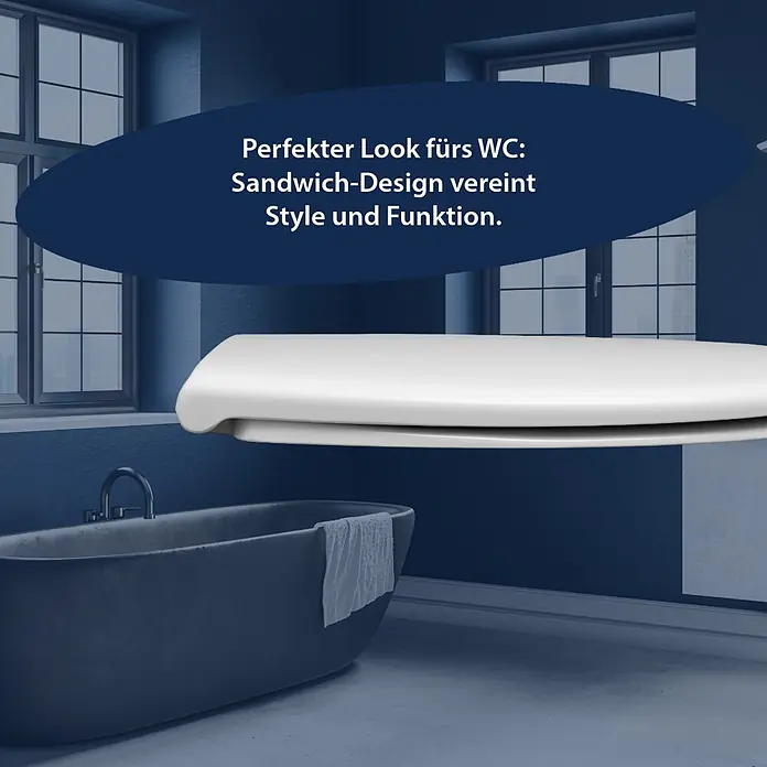 WC-Sitz Bora - Duroplast, Weiß, Mit Absenkautomatik - Weißer WC-Sitz im Sandwich-Design in moderner Badezimmerumgebung.