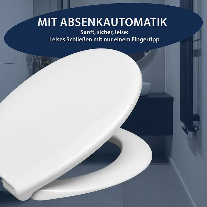 WC-Sitz Bora - Duroplast, Weiß, Mit Absenkautomatik - Weißer Toilettensitz mit Absenkautomatik, sanft schließend, in einem Badezimmer.