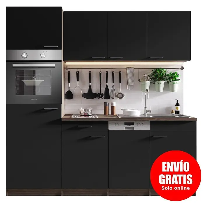Respekta Oliver Cocina compacta Oliver - Ancho: 205 cm, Negro, Horno, lavavajillas, placa vitrocerámica y frigorífico - Cocina negra con horno integrado, lavavajillas, fregadero y encimera efecto madera. Muebles altos a juego.