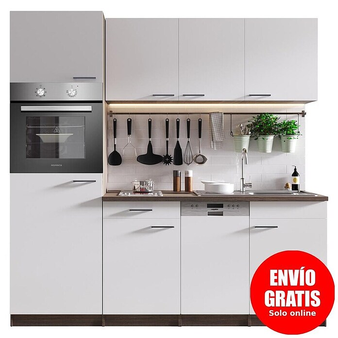Respekta Cocina (Ancho: 205 cm, Con placa vitrocerámica, Imitación de madera de roble York, Blanco)