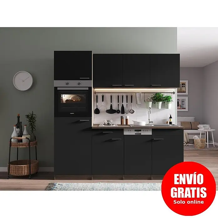Respekta Oliver Cocina compacta Oliver - Ancho: 205 cm, Negro, Horno, lavavajillas, placa de cocina doble y frigorífico - Conjunto de muebles de cocina negro moderno con horno, fregadero y lavavajillas integrados.