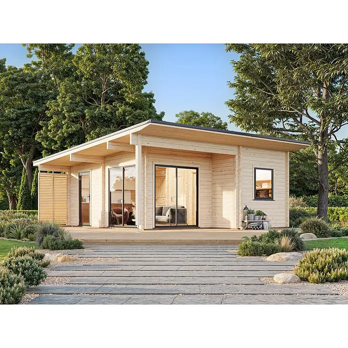 Palmako Caseta de jardín Cecilia - Medidas ext. (An x Pr): 813 x 680 cm, Madera, Natural - Caseta de jardín moderna de madera clara con techo plano y grandes puertas correderas de vidrio, rodeada de árboles y jardín.