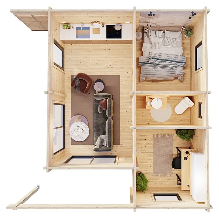 Palmako Caseta de jardín Cecilia - Medidas ext. (An x Pr): 813 x 680 cm, Madera, Natural - Vista aérea de un plano de planta de madera clara amueblado de una casa pequeña con cocina, sala de estar, dormitorio y baño.