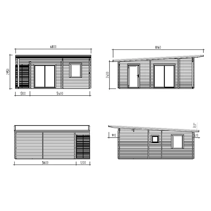 Palmako Caseta de jardín Cecilia - Medidas ext. (An x Pr): 813 x 680 cm, Madera, Natural - Planos arquitectónicos de una cabaña de madera o caseta de jardín moderna con tejado inclinado, mostrando varias alzadas y dimensiones.