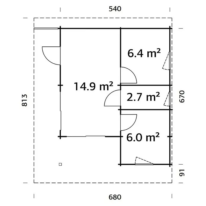 Palmako Caseta de jardín Cecilia - Medidas ext. (An x Pr): 813 x 680 cm, Madera, Natural - Plano de planta con cuatro habitaciones, sus áreas (14.9, 6.4, 2.7, 6.0 m²) y las dimensiones generales del edificio.