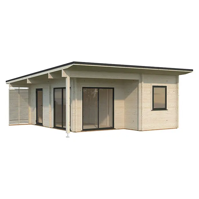 Palmako Caseta de jardín Cecilia - Medidas ext. (An x Pr): 813 x 680 cm, Madera, Natural - Caseta de jardín moderna de madera clara con techo plano oscuro y puertas/ventanas de cristal con marco negro, con un panel lateral de lamas.