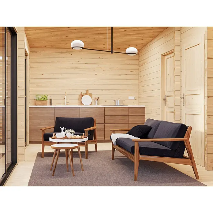 Palmako Caseta de jardín Cecilia - Medidas ext. (An x Pr): 813 x 680 cm, Madera, Natural - Sofá y sillón con marcos de madera y tapicería oscura en un acogedor interior de madera.