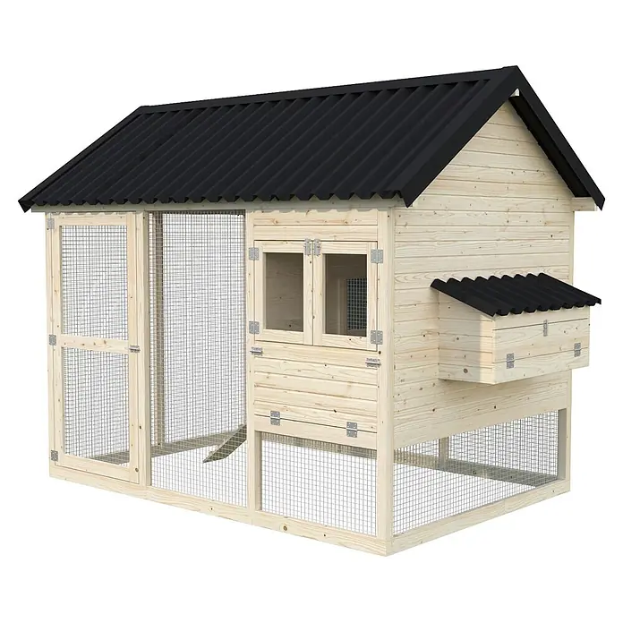Palmako Caseta de jardín gallinero Chick - Medidas ext. (An x Pr): 352 x 237 cm, Madera, Natural - Gallinero de madera clara con techo corrugado negro, con un amplio corral de malla y un nidal externo.