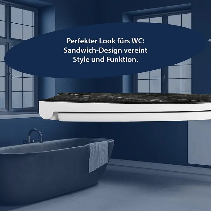 Poseidon WC-Sitz - Duroplast, Teramo, Mit Absenkautomatik - WC-Sitz mit schwarzer Marmorplatte und weißem Sandwich-Design, für ein stilvolles Badambiente.