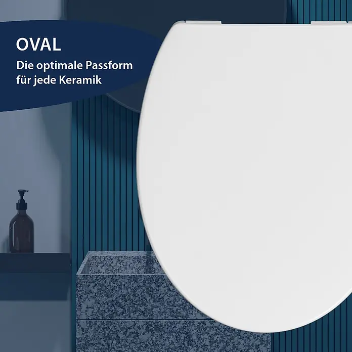 Poseidon WC-Sitz Venedig - Duroplast, Weiß, Mit Absenkautomatik - Weißer ovaler Toilettensitz in einem modernen Badezimmer.