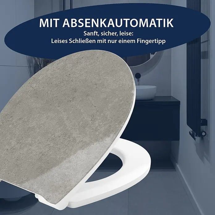 Poseidon WC-Sitz - Duroplast, Sahara, Mit Absenkautomatik - Toilettensitz mit Zement-Look Deckel und Absenkautomatik im modernen Badezimmer.