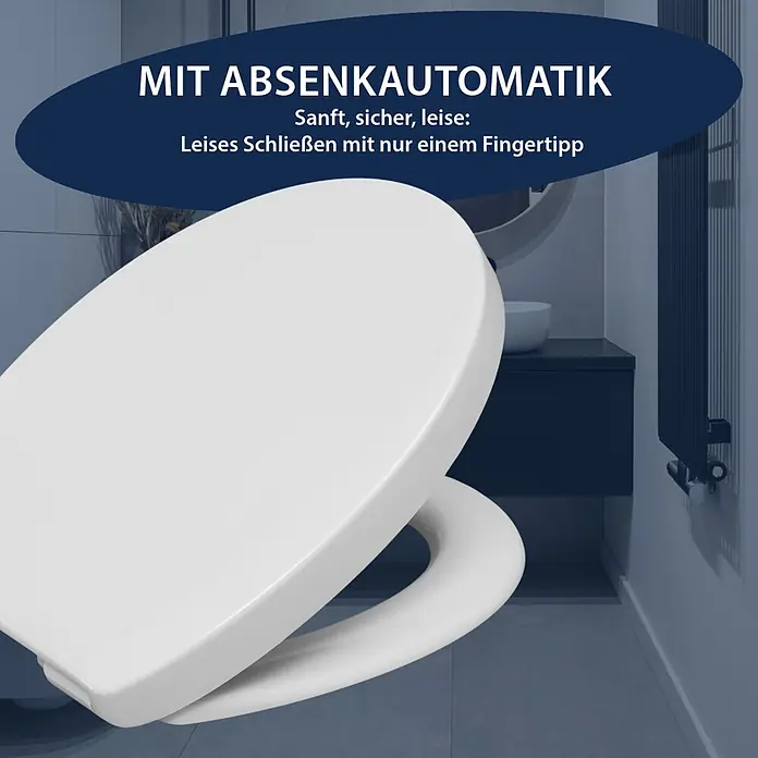 Poseidon WC-Sitz Venedig - Duroplast, Weiß, Mit Absenkautomatik - Weißer WC-Sitz mit Absenkautomatik, teilweise abgesenkt in einem modernen Badezimmer.