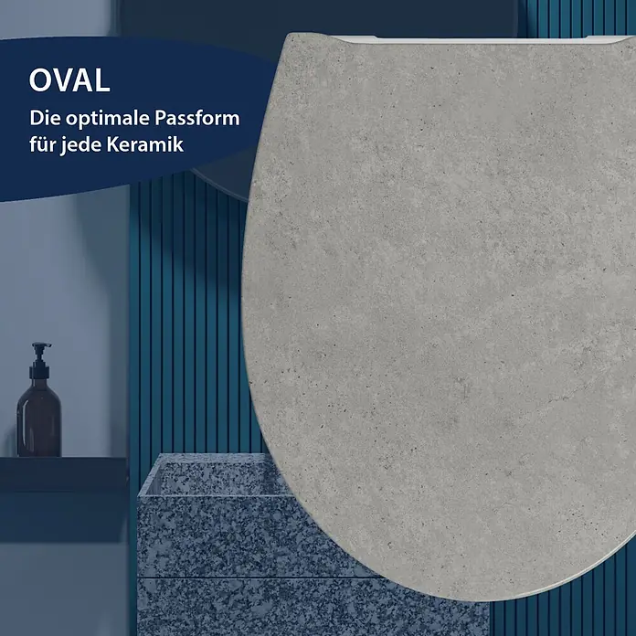 Poseidon WC-Sitz - Duroplast, Sahara, Mit Absenkautomatik - Grauer, ovaler Toilettensitz in Betonoptik für Keramik, in einem modernen Badezimmer.