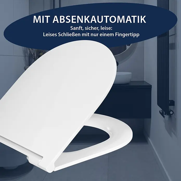 Poseidon WC-Sitz Vento - Duroplast, Weiß, Mit Absenkautomatik - Weißer Toilettensitz mit Absenkautomatik, leicht geöffnet in einem modernen Badezimmer.