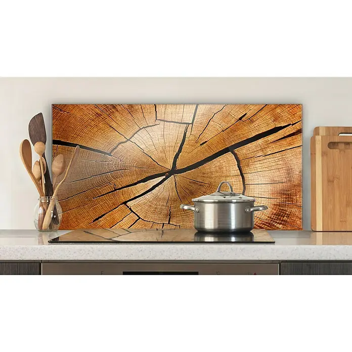 CUCINE Küchenrückwand - Circled Wood, 80 x 40 cm, Stärke: 6 mm, Einscheibensicherheitsglas (ESG) - Ein Küchen-Spritzschutz mit Baumstammmotiv. Er bietet Schutz vor Spritzern und verleiht der Küche eine natürliche Note.