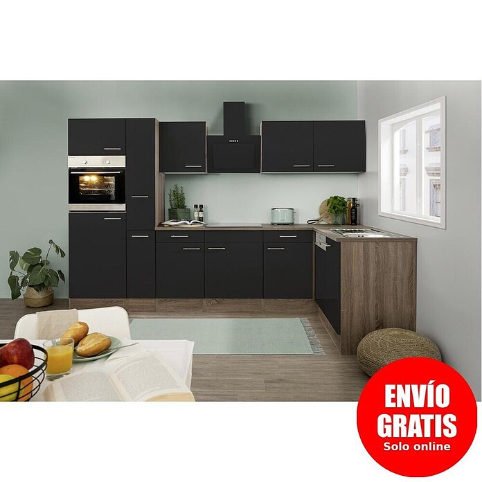 Respekta Cocina esquinera (172 x 310 cm, Brillo satinado negro)
