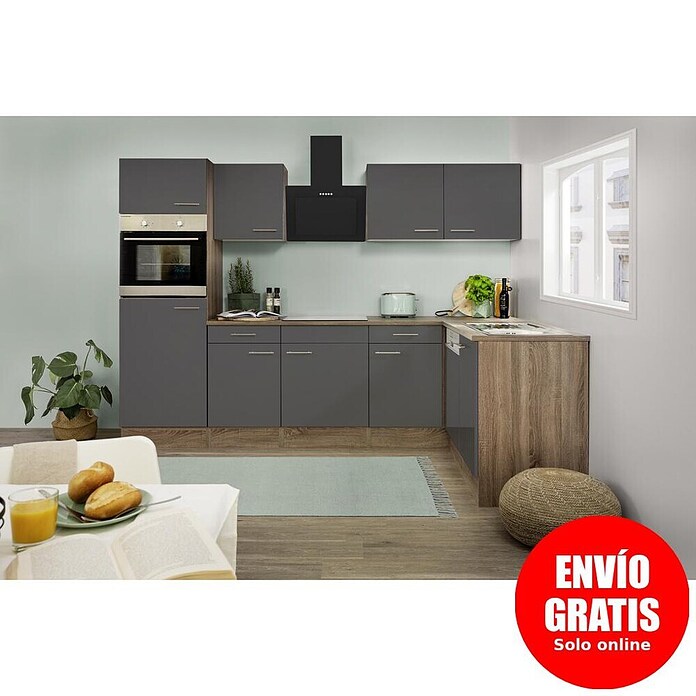 Respekta Cocina esquinera (172 x 280 cm, Brillo satinado gris)