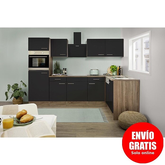 Respekta Cocina esquinera (172 x 280 cm, Brillo satinado negro)