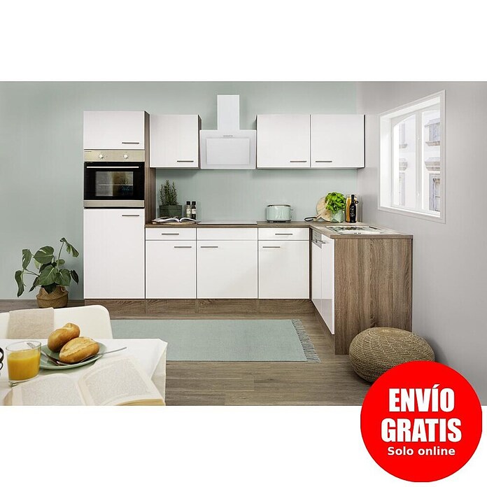 Respekta Cocina esquinera (172 x 280 cm, Brillo satinado blanco)