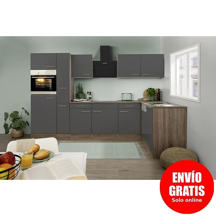 Respekta Cocina esquinera (172 x 310 cm, Brillo satinado gris)