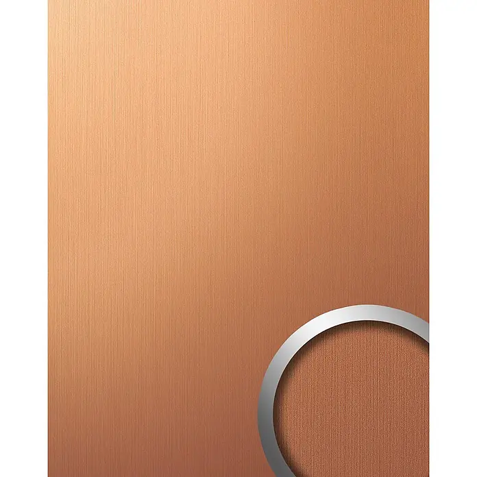 Wallface Wandpaneel 12432 DECO Design Wand-Paneel Metall Dekor braun gebürstet 2,60 qm - 2.600 x 1.000 mm - Strukturierte kupferfarbene Oberfläche mit einem teilweisen metallischen Silberring.