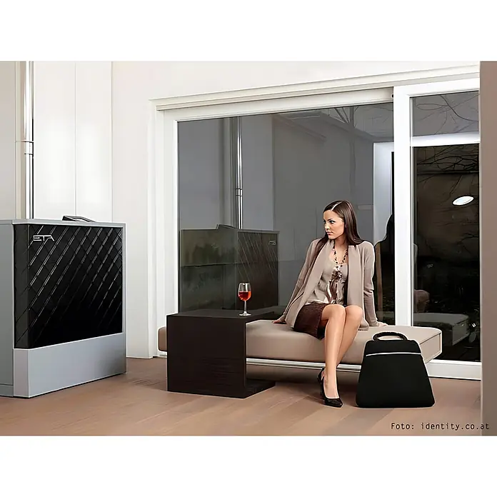 Wallface Wandpaneel 15030 ROMBO Design Wand-Paneel Leder Karo 3D Dekor schwarz 2,60 qm - 2.600 x 1.000 mm - Modernes ETA Heizsystem mit dunkler, strukturierter Frontplatte in zeitgemäßem Wohnambiente, betont elegantes Design und Integration.
