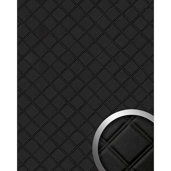 Wallface Wandpaneel 15030 ROMBO Design Wand-Paneel Leder Karo 3D Dekor schwarz 2,60 qm - 2.600 x 1.000 mm - Schwarzes gestepptes Material mit Rautenmuster und sichtbaren Nähten.