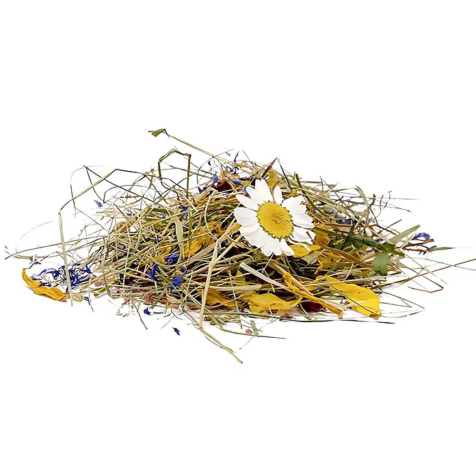 Wallface Wandpaneel AL-11005 ALPINE POTPOURRI selbstklebend mit Almwiesen-Dekor 4m2 - blaupink, 3.050 x 1.360 mm - Haufen getrocknetes Heu mit weißer Gänseblümchen, gelben Blütenblättern und blauen Blütenstücken.