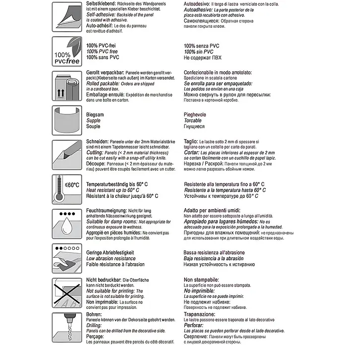 Wallface Wandpaneel 13473 FLORAL Leder Barock Blumen Wand-Paneel selbstklebend weiß 2,60 qm - 2.600 x 1.000 mm - Produktmerkmale mit Symbolen und mehrsprachigem Text, zu Aspekten wie Selbsthaftung, Flexibilität und Beständigkeit.