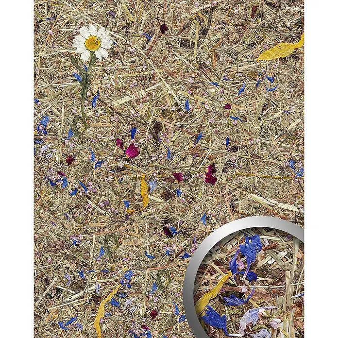 Wallface Wandpaneel AL-11005 ALPINE POTPOURRI selbstklebend mit Almwiesen-Dekor 4m2 - blaupink, 3.050 x 1.360 mm - Texturierte Mischung aus getrocknetem Heu, hellrosa, blauen, gelben und roten Blütenblättern, mit Gänseblümchen.