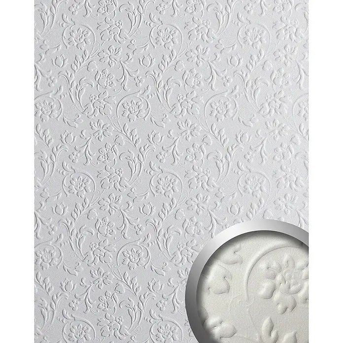 Wallface Wandpaneel 13473 FLORAL Leder Barock Blumen Wand-Paneel selbstklebend weiß 2,60 qm - 2.600 x 1.000 mm - Weiße Prägetapete mit filigranem Blumen- und Blattmuster. Vergrößerte Ansicht hebt die Textur hervor.