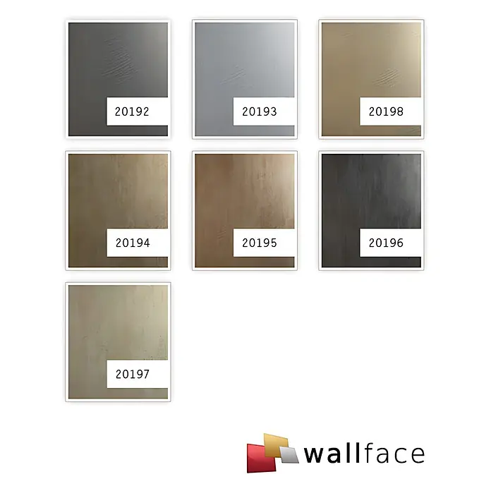 Wallface Wandpaneel 25351 METALLIC USED Sand Wandpaneel Metall-Optik glänzend grau 2,6 m2 - sand, 2.600 x 1.000 mm - Sieben strukturierte Wandplattenmuster in verschiedenen metallischen Grau-, Bronze- und Goldtönen, jeweils mit Produktcode.