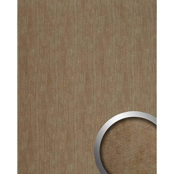 Wallface Wandpaneel 25351 METALLIC USED Sand Wandpaneel Metall-Optik glänzend grau 2,6 m2 - sand, 2.600 x 1.000 mm - Strukturierter brauner Stoff mit feinen, unregelmäßigen vertikalen Linien, der an Stoff oder Tapete erinnert.