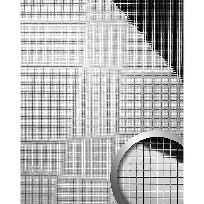 Wallface Wandpaneel 27377 M-Style Design Platte Wand-paneel Mosaik Dekor silber 0,96 qm - 980 x 980 mm - Reflektierendes silbernes Gittermuster mit vergrößerter Ansicht einzelner metallischer Quadratfliesen.