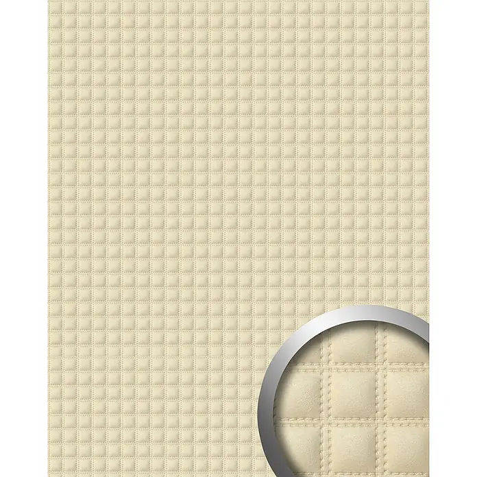 Wallface Wandpaneel 14277 QUADRO Design Wand-Paneel Leder Quadrat 3D Dekor creme 2,60 qm - 2.600 x 1.000 mm - Beiges gestepptes Material mit kleinem Quadratmuster für Polsterungen.
