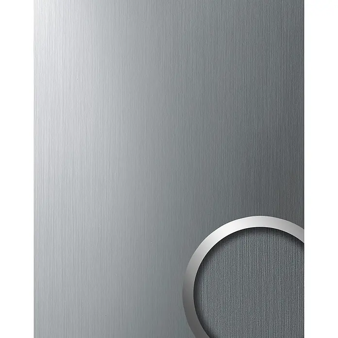 Wallface Wandpaneel 10298 DECO Wand-Paneel Platte Metall Dekor silber gebürstet 2,60 qm - 2.600 x 1.000 mm - Gebürstete silberne Metalltextur mit kreisförmiger Vergrößerung ihrer feinen Maserung.