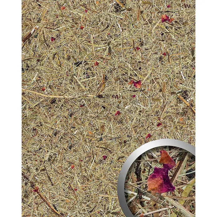 Wallface Wandpaneel AL-11003 ALPINE ROSE selbstklebend mit Almwiesen-Dekor 4 m2 - pink, 3.050 x 1.360 mm - Getrocknetes Heu mit hellbraunen und gelben Halmen, gemischt mit kleinen roten und lila Trockenblüten.