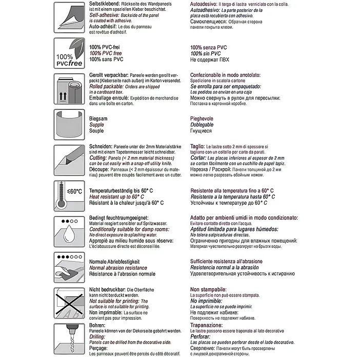 Wallface Wandpaneel 10298 DECO Wand-Paneel Platte Metall Dekor silber gebürstet 2,60 qm - 2.600 x 1.000 mm - Produktspezifikationsblatt mit Icons und mehrsprachigen Beschreibungen: selbstklebend, PVC-frei, flexibel, hitzebeständig, bohrbar, nicht bedruckbar.
