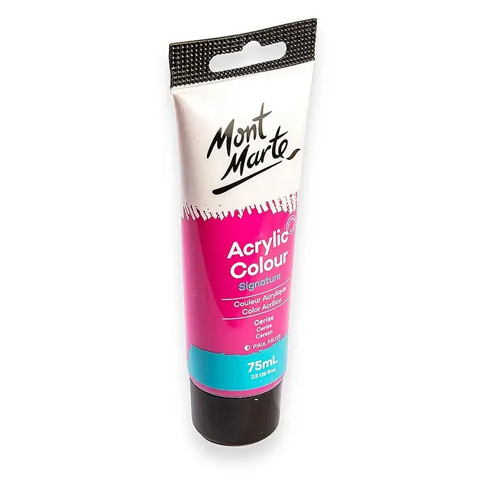 Mont Marte Acrylfarbe Signature - Kirschenrot, 75 ml, Tube - Mont Marte Signature Acrylfarbtube, 75 ml, in leuchtendem Pink 'Cerise' mit schwarzer Kappe und Aufhängeloch.