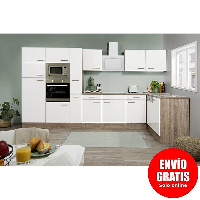 Respekta Cocina esquinera (172 x 370 cm, Brillo satinado blanco)