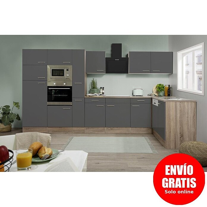 Respekta Cocina esquinera (172 x 370 cm, Brillo satinado gris)