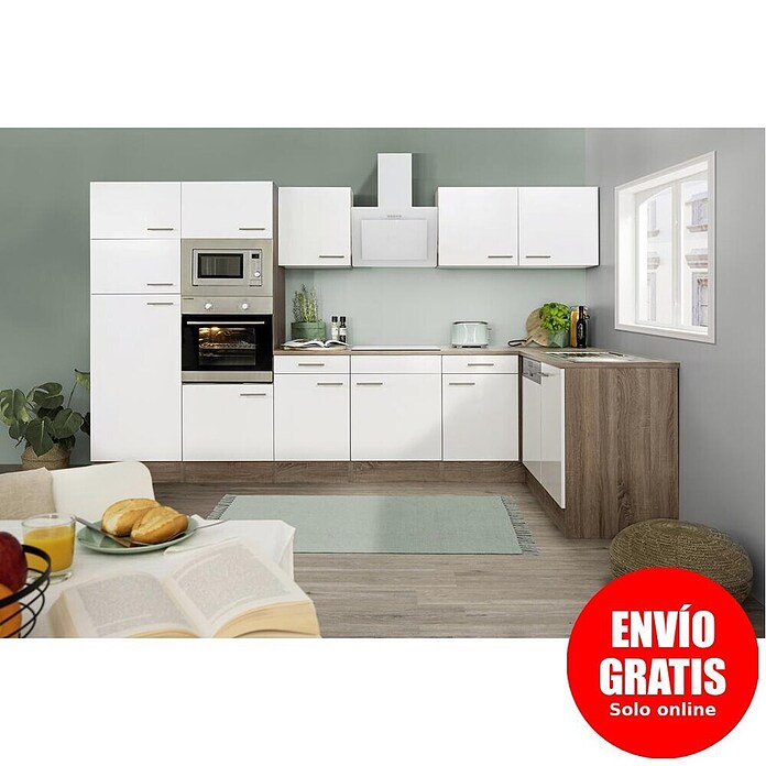 Respekta Cocina esquinera (172 x 340 cm, Brillo satinado blanco)