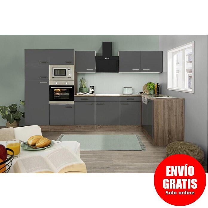 Respekta Cocina esquinera (172 x 340 cm, Brillo satinado gris)