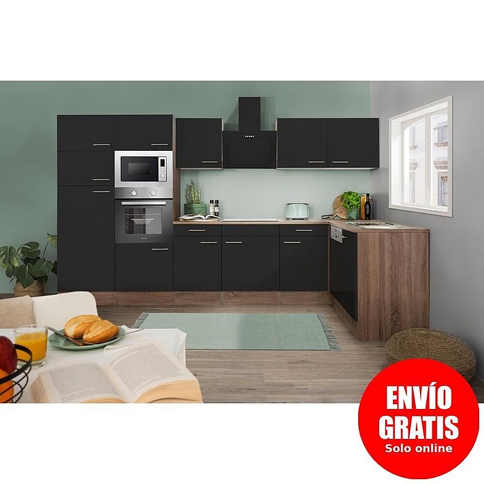 Respekta Cocina esquinera (172 x 340 cm, Brillo satinado negro)