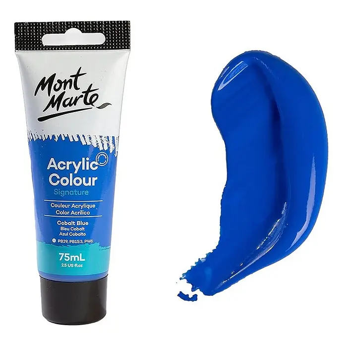 Mont Marte Acrylfarbe Signature - Kobaltblau, 75 ml, Tube - Mont Marte Kobaltblau Acrylfarbe, 75ml Tube, gezeigt mit einer leuchtend blauen Farbprobe.
