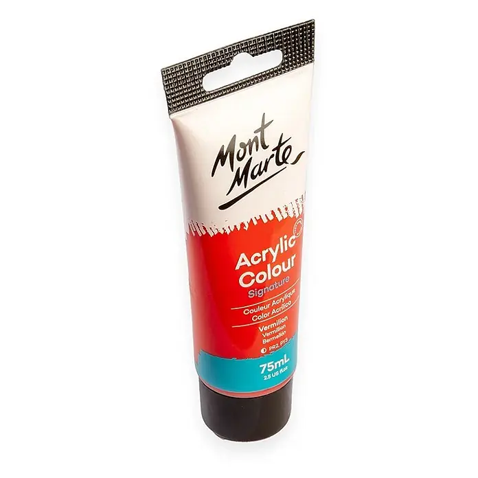 Mont Marte Acrylfarbe Signature - Zinnoberrot, 75 ml, Tube - Mont Marte Signature Vermilion Acrylfarbtube, 75 ml, mit schwarzer Kappe und Aufhänger.