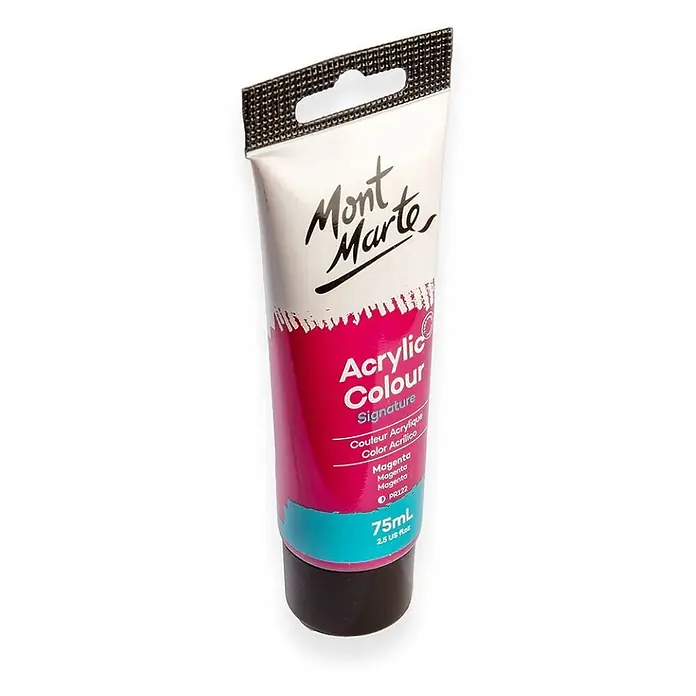 Mont Marte Acrylfarbe Signature - Magenta, 75 ml, Tube - Mont Marte Signature Acrylfarben-Tube in Magenta, 75ml. Weiße, magenta und türkisfarbene Tube mit schwarzer Kappe und Aufhängung.