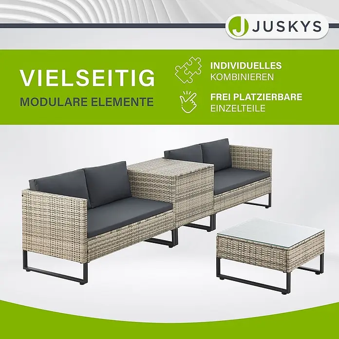 Juskys Loungemöbel-Set Santorini - 4 -tlg., Möbel: Stahl (pulverbeschichtet), Polyrattan, gehärtetes Glas; Polster/Kissen: 100 % Polyestergewebe, Farbe Möbel: Grau-meliertFarbe Polster/Kissen: GrauMax. Belastbarkeit je Bank: 320 kg, Grau - Modulares Garten-Lounge-Set aus hellem Rattan-Geflecht mit dunkelgrauen Kissen und Glastisch. Vielseitig kombinierbar.